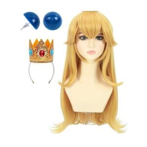 Blonde Princess Cosplay Synthetic Wig with Gold Crown & Blue Earrings  Adult